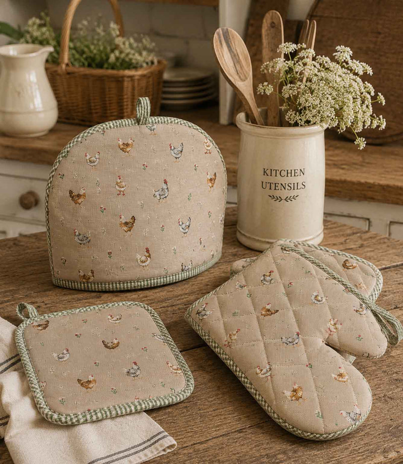 Country kitchen tea cosy and oven mits, with chickens and hen fabric patterns