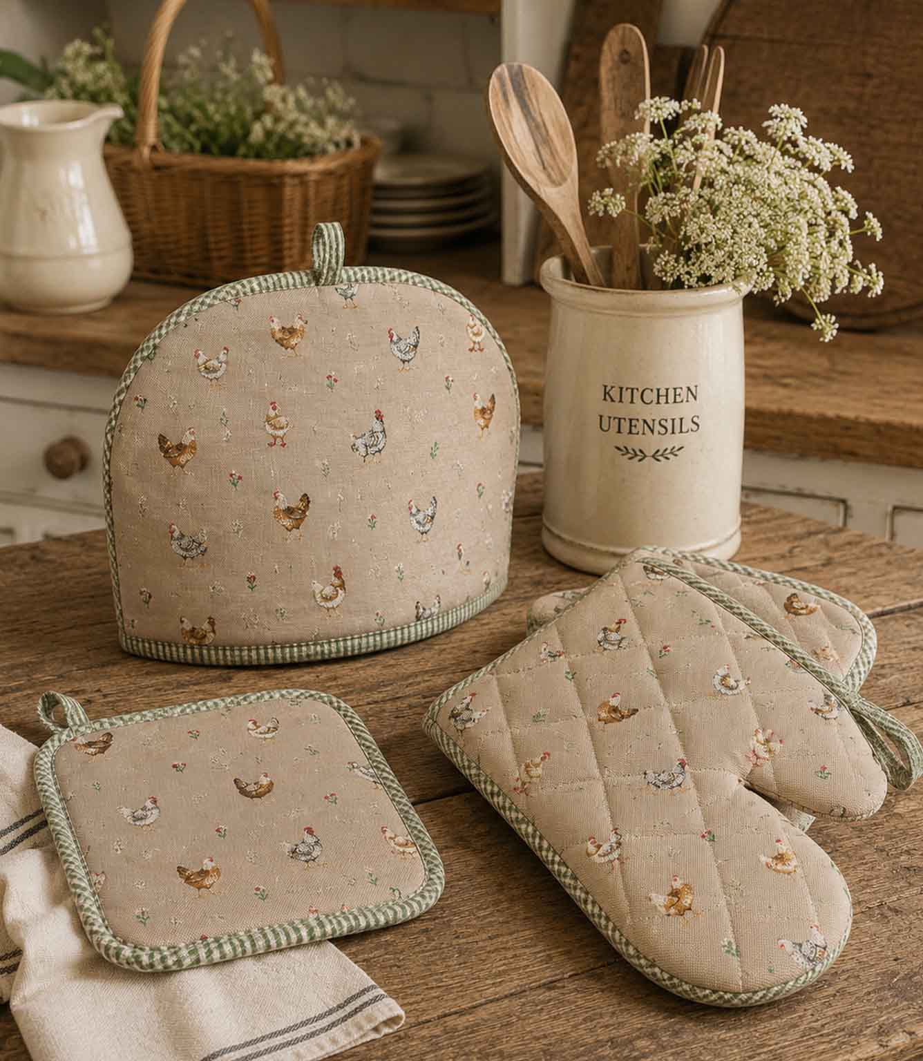 Country kitchen tea cosy and oven mits, with chickens and hen fabric patterns