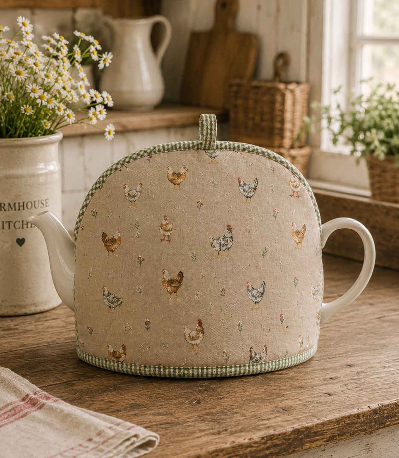 Tea cosy with chicken pattern fabric in a country kitchen on a wooden surface