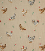 Country-style fabric featuring small-scale chickens and hens on a natural beige background with delicate floral sprigs.