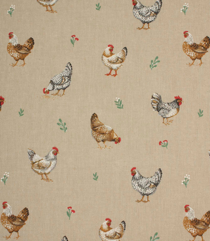 Country-style fabric featuring small-scale chickens and hens on a natural beige background with delicate floral sprigs.