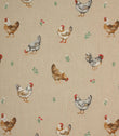 Country-style fabric featuring small-scale chickens and hens on a natural beige background with delicate floral sprigs.