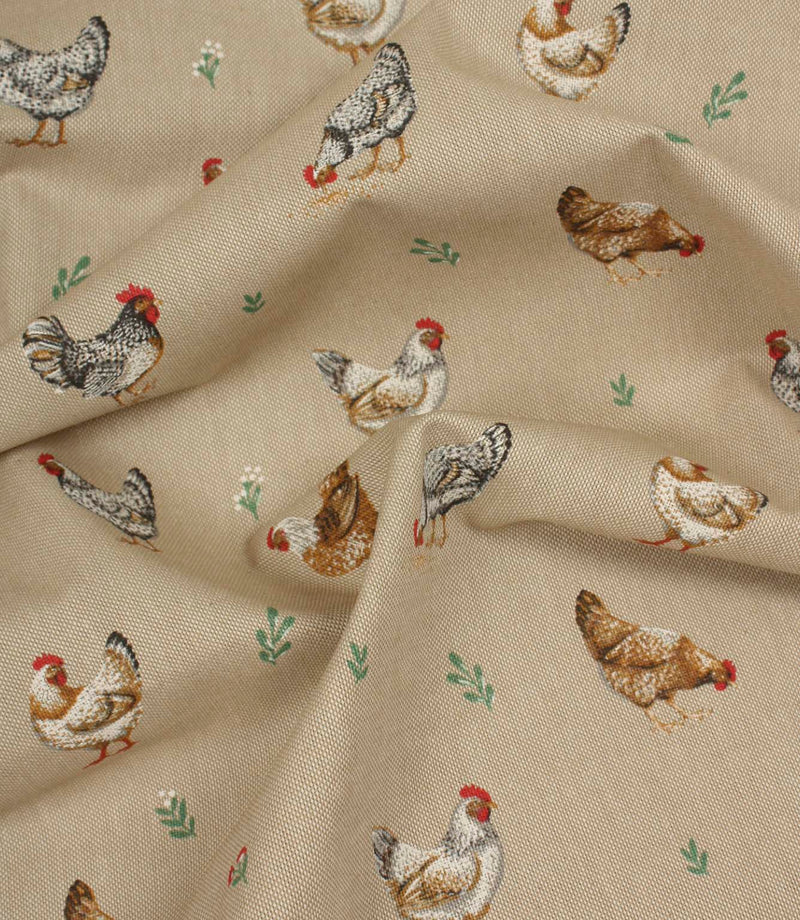 Draped chicken print fabric with detailed farmyard hen illustrations on a textured beige linen-effect fabric.