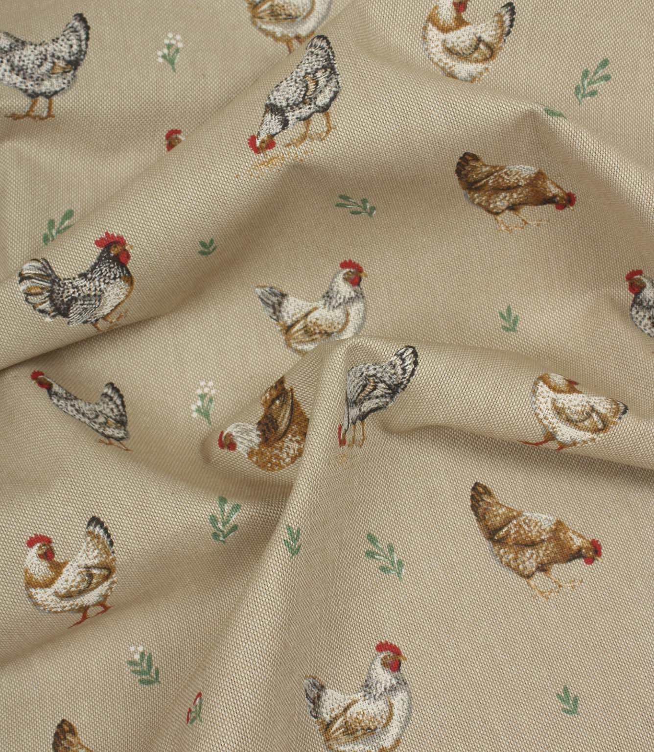 Draped chicken print fabric with detailed farmyard hen illustrations on a textured beige linen-effect fabric.
