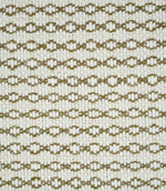 Close-up of Elkstone Matcha upholstery fabric featuring a textured cream weave with repeating olive green geometric motifs arranged in narrow horizontal rows.