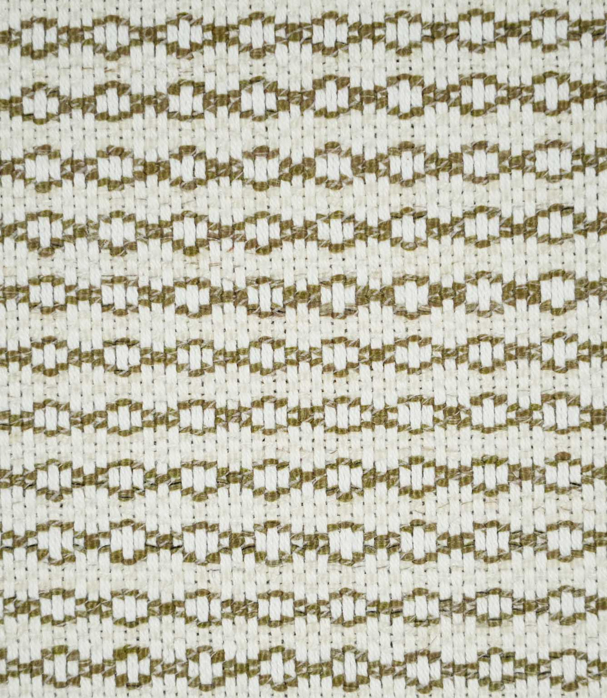 Close-up of Elkstone Matcha upholstery fabric featuring a textured cream weave with repeating olive green geometric motifs arranged in narrow horizontal rows.