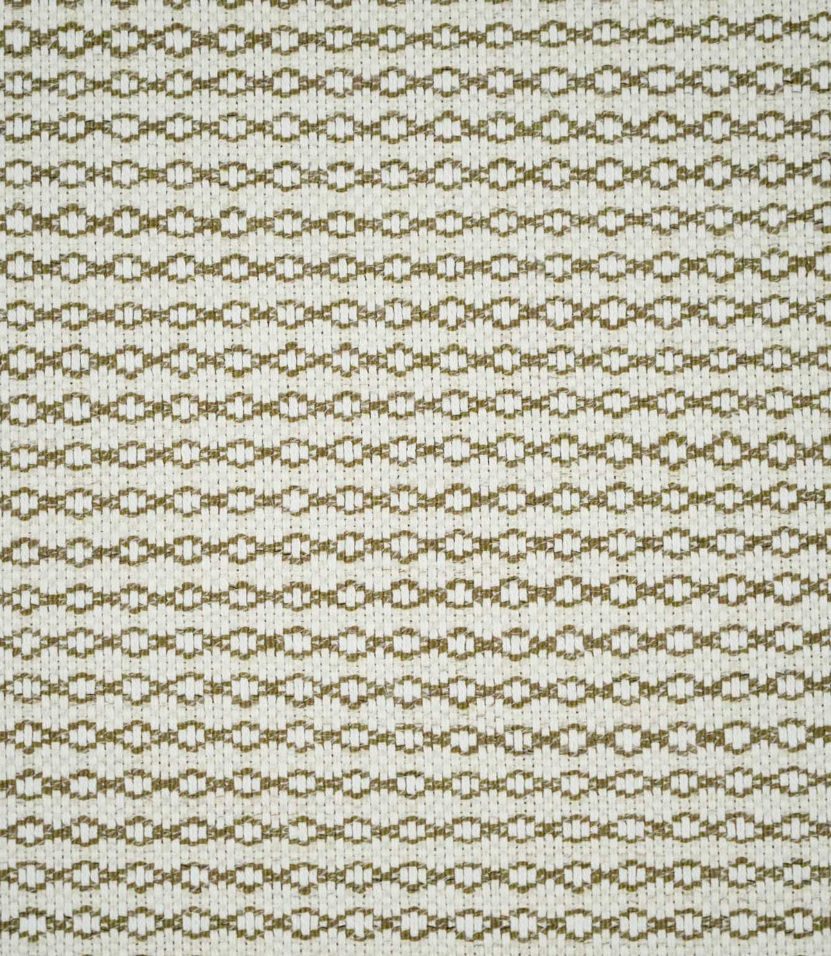 Full view of Elkstone Matcha woven fabric showing a small-scale geometric pattern of repeating olive green linked shapes across a natural cream background.