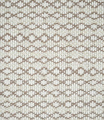 Close-up of Elkstone Taupe fabric featuring a textured natural cream weave with repeating taupe geometric motifs arranged in narrow horizontal rows.