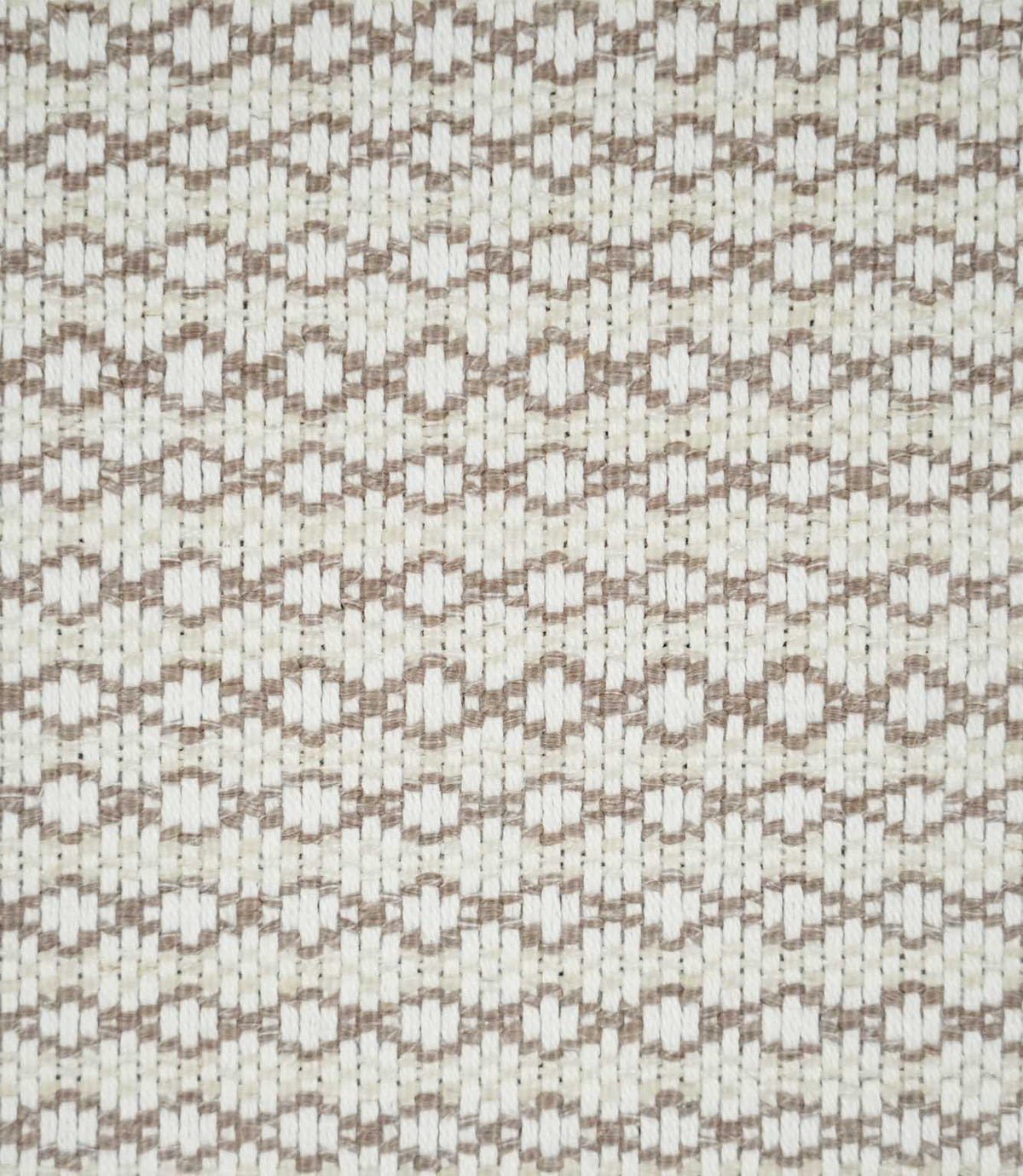 Close-up of Elkstone Taupe fabric featuring a textured natural cream weave with repeating taupe geometric motifs arranged in narrow horizontal rows.
