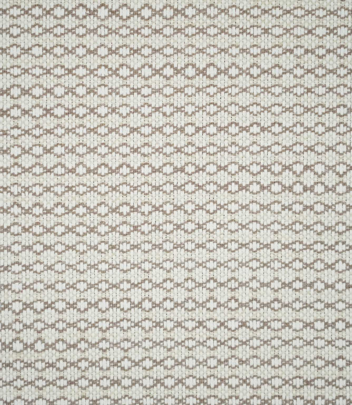 Full view of Elkstone Taupe woven fabric showing a small-scale geometric pattern of interlocking taupe shapes across a natural cream background.