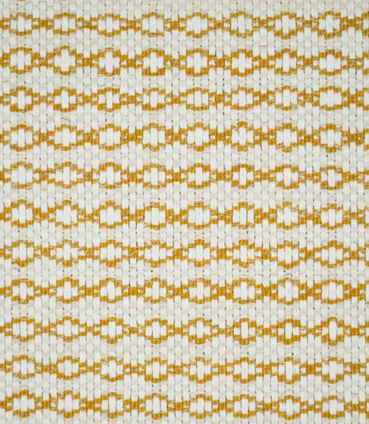 Close-up of Elkstone Turmeric fabric featuring a textured natural cream weave with repeating golden mustard geometric motifs arranged in horizontal rows.