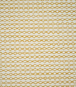 Full view of Elkstone Turmeric woven fabric showing a small-scale geometric pattern of interlocking golden yellow shapes across a natural cream background.