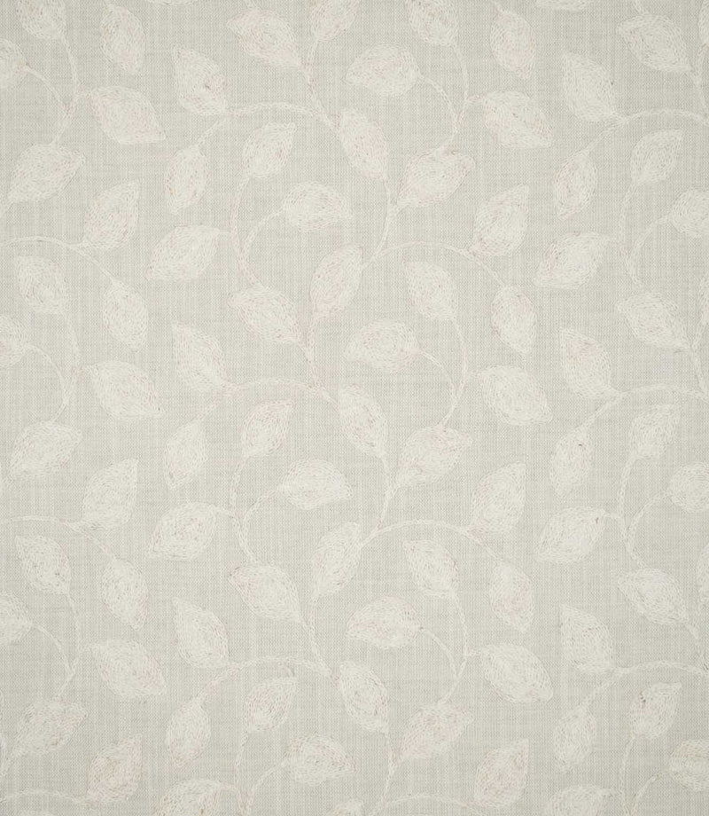 Ellerton Cloud embroidered fabric featuring a delicate trailing leaf and vine design in soft ivory thread across a pale neutral cloud-grey woven background, shown flat to display the full repeating botanical pattern, subtle tonal contrast and natural linen-look texture.