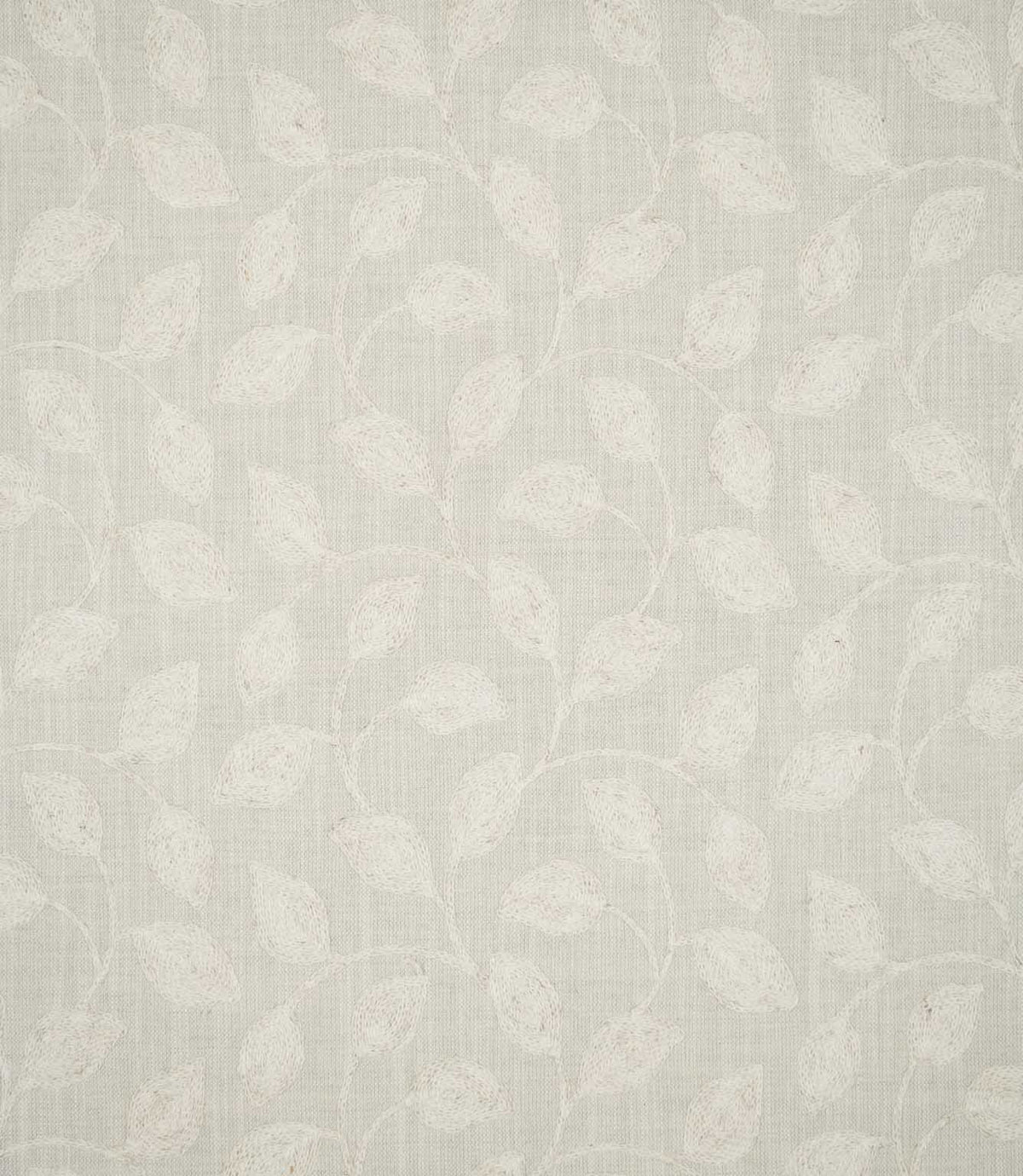Ellerton Cloud embroidered fabric featuring a delicate trailing leaf and vine design in soft ivory thread across a pale neutral cloud-grey woven background, shown flat to display the full repeating botanical pattern, subtle tonal contrast and natural linen-look texture.