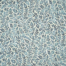 Elmsley blue sustainable fabric shown flat, featuring a small-scale floral and scrolling foliage pattern in soft blue, aqua and navy tones on a natural cream ground.