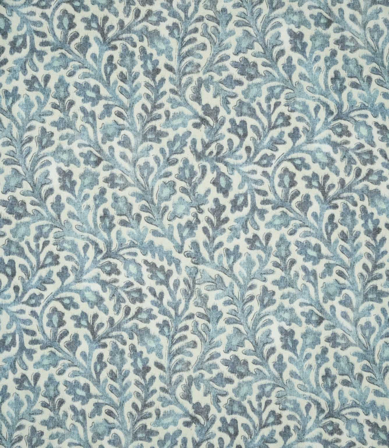 Elmsley blue sustainable fabric shown flat, featuring a small-scale floral and scrolling foliage pattern in soft blue, aqua and navy tones on a natural cream ground.