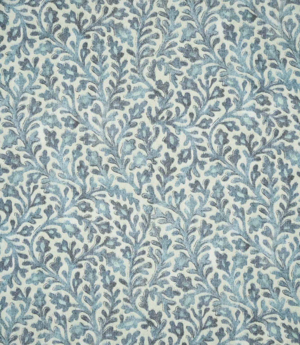 Elmsley blue sustainable fabric shown flat, featuring a small-scale floral and scrolling foliage pattern in soft blue, aqua and navy tones on a natural cream ground.