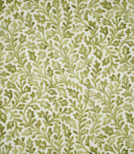 Elmsley Green sustainable fabric featuring a small-scale botanical print of softly flowing leaves, stems and stylised floral shapes in layered olive, moss and fresh green tones on a warm off-white ground.
