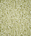Elmsley Green sustainable fabric featuring a small-scale botanical print of softly flowing leaves, stems and stylised floral shapes in layered olive, moss and fresh green tones on a warm off-white ground.