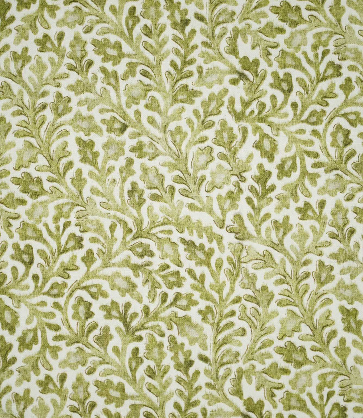 Elmsley Green sustainable fabric featuring a small-scale botanical print of softly flowing leaves, stems and stylised floral shapes in layered olive, moss and fresh green tones on a warm off-white ground.