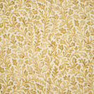Elmsley Ochre fabric shown flat, featuring a small-scale botanical pattern of flowing foliage, leafy stems and stylised floral forms in layered ochre, mustard and soft golden tones on a warm off-white ground.