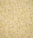 Elmsley Ochre fabric shown flat, featuring a small-scale botanical pattern of flowing foliage, leafy stems and stylised floral forms in layered ochre, mustard and soft golden tones on a warm off-white ground.