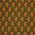 Olive green fabric with a repeating floral motif in soft pink, cream, and ochre tones.