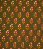 Olive green fabric with a repeating floral motif in soft pink, cream, and ochre tones.