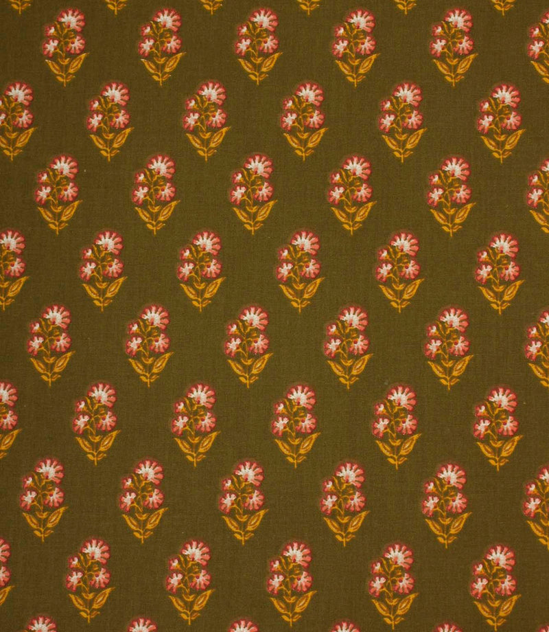 Olive green fabric with a repeating floral motif in soft pink, cream, and ochre tones.