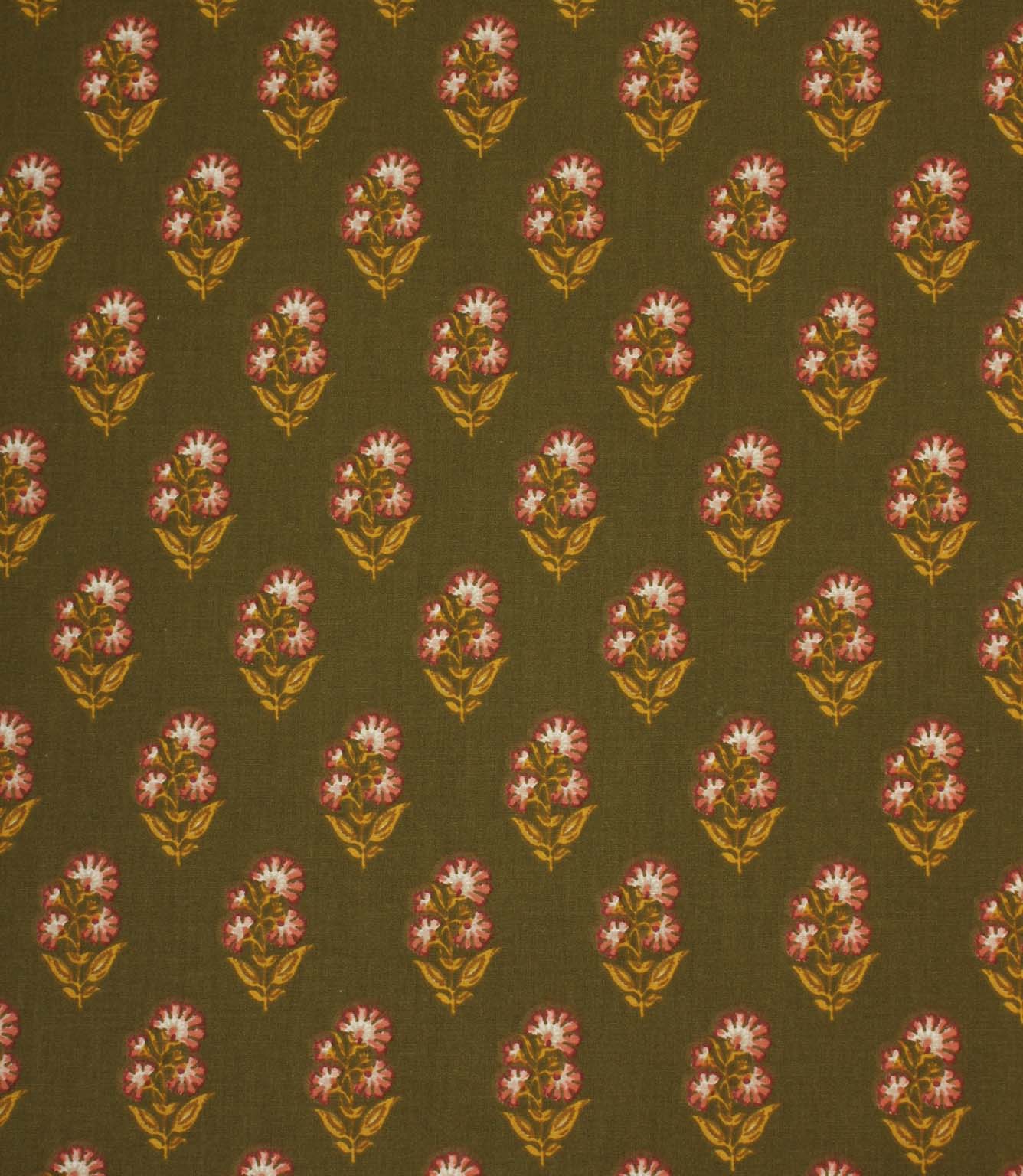Olive green fabric with a repeating floral motif in soft pink, cream, and ochre tones.