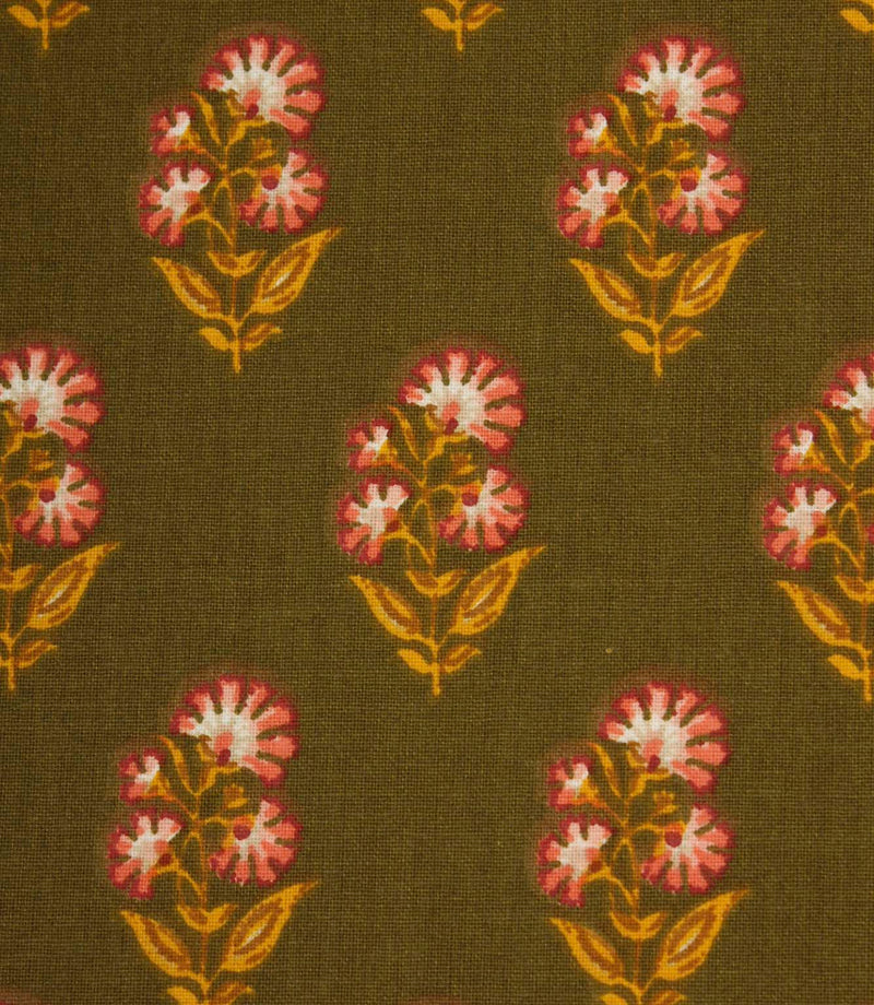 Close-up of olive green botanical fabric with stylised floral sprigs arranged in a neat repeat pattern.