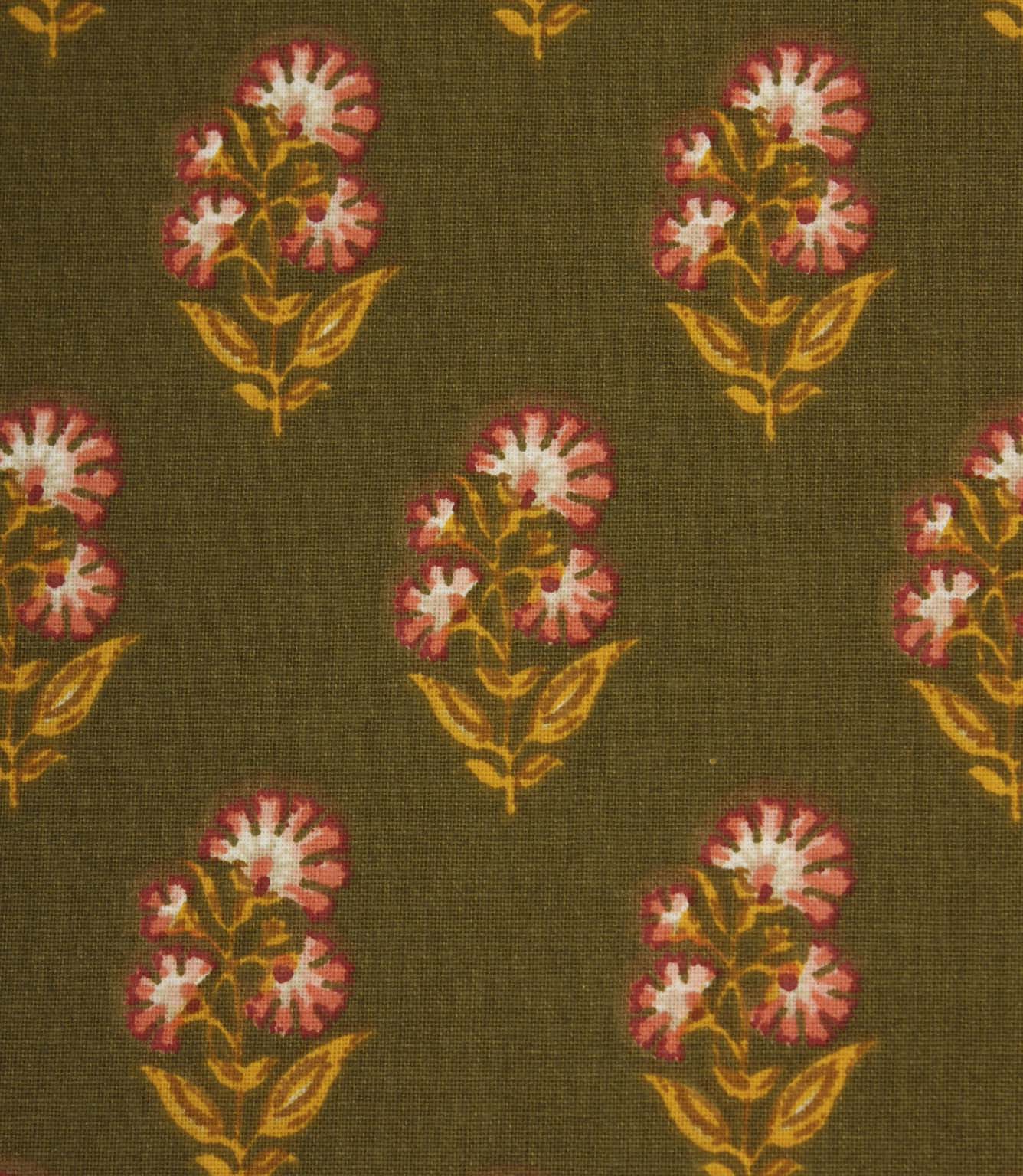 Close-up of olive green botanical fabric with stylised floral sprigs arranged in a neat repeat pattern.