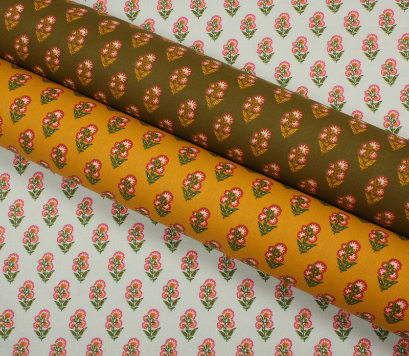 Three coordinating floral print fabrics displayed together, featuring repeating pink flower motifs on ivory, mustard yellow, and olive green backgrounds.