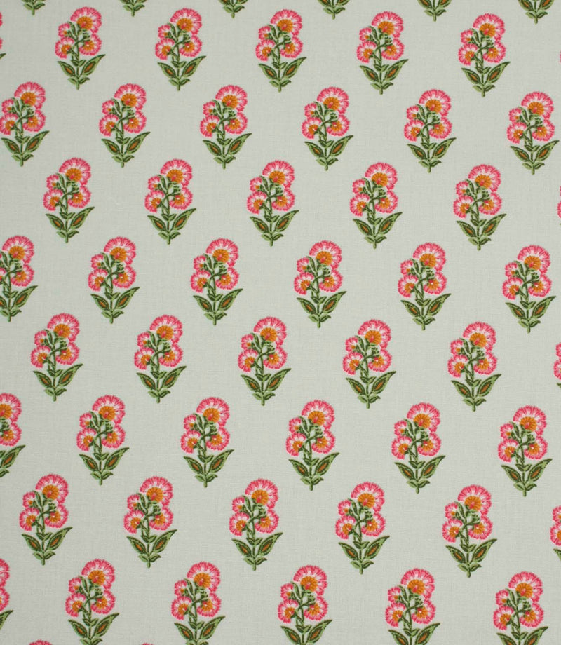 Delicate floral print fabric featuring small pink and orange blooms with green foliage on a soft ivory background.