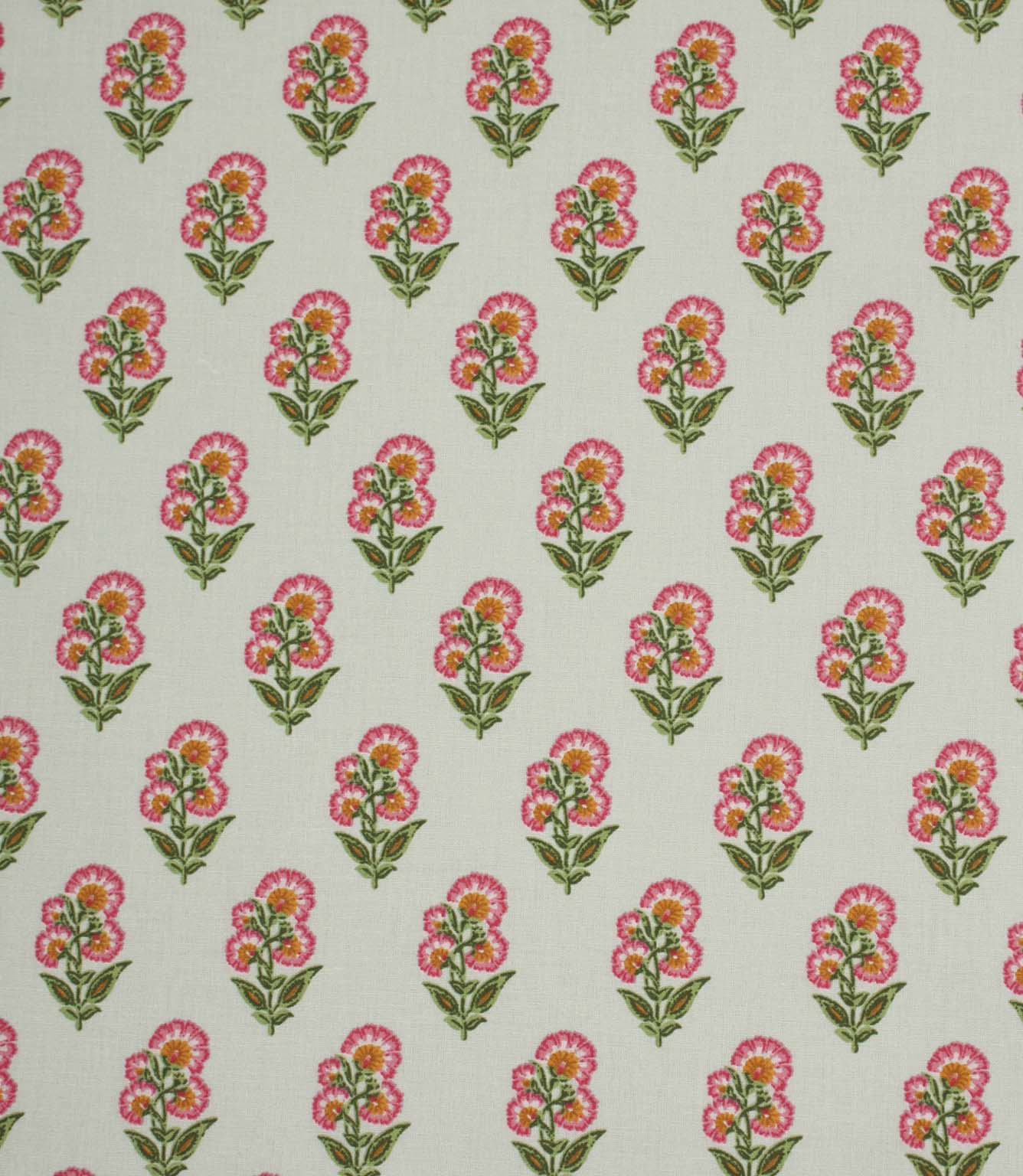 Delicate floral print fabric featuring small pink and orange blooms with green foliage on a soft ivory background.