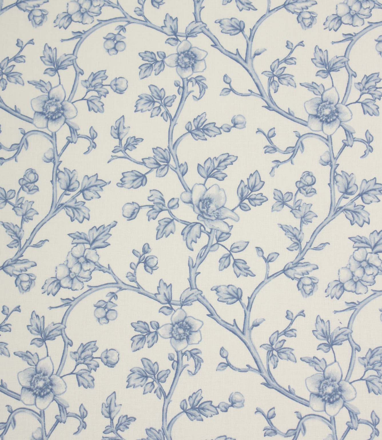 Blue floral fabric with a delicate trailing vine design on an ivory background, featuring soft blue flowers, leaves, and buds.