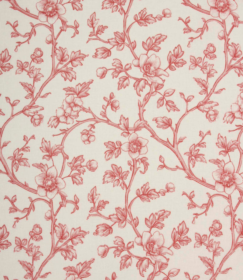 Delicate red floral fabric featuring trailing vines, blooming flowers, and leafy details on a soft ivory background in a classic country-inspired design.