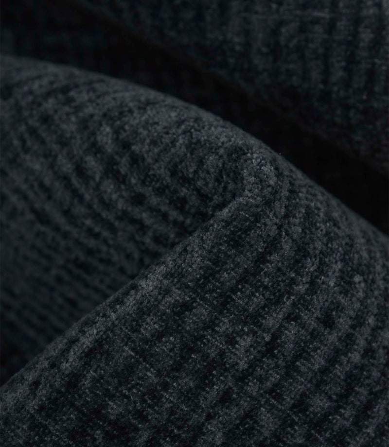Detailed macro view of Everleigh Denim upholstery fire retardant fabric revealing the plush velour texture and subtle denim blue woven pattern.