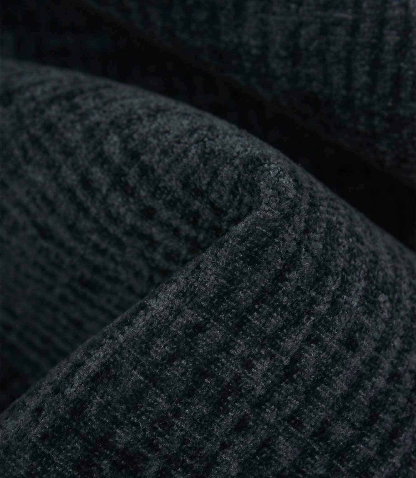 Detailed macro view of Everleigh Denim upholstery fire retardant fabric revealing the plush velour texture and subtle denim blue woven pattern.