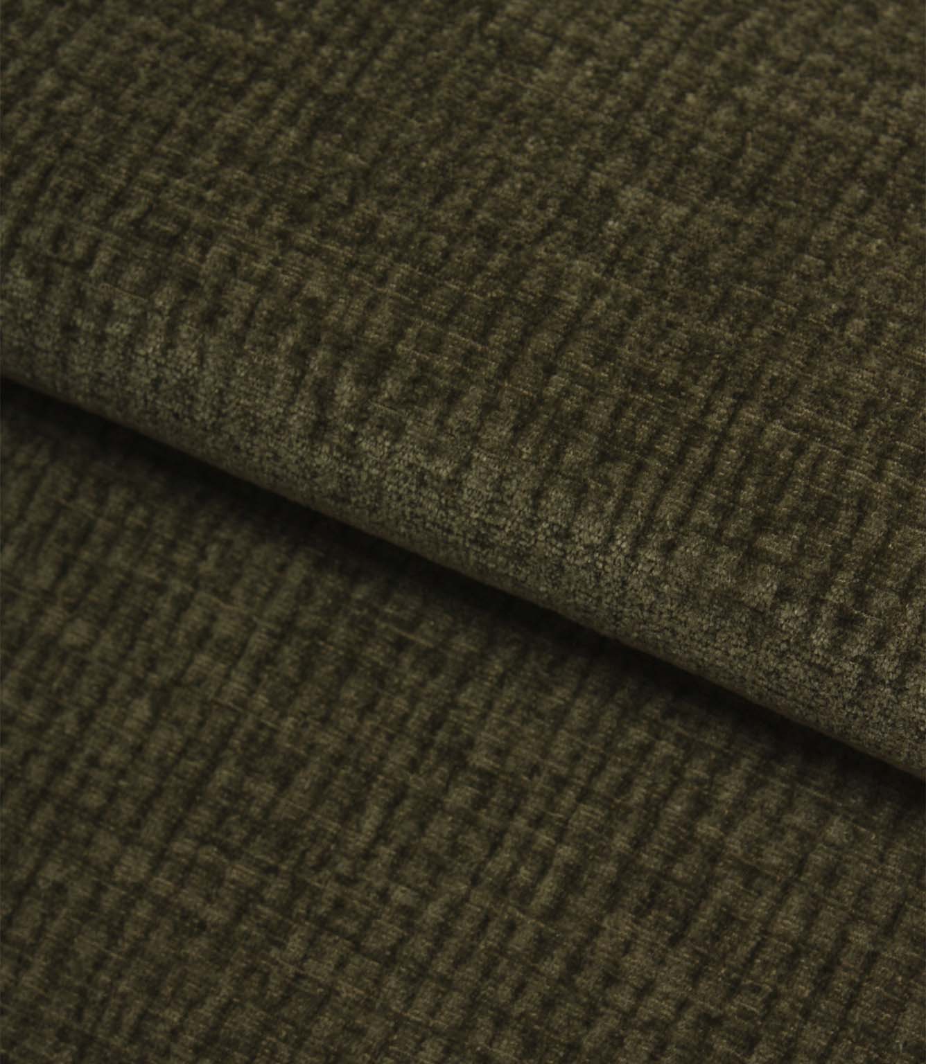Folded Everleigh Moss plain upholstery fabric displaying its luxurious velour-inspired finish and textured moss green appearance.