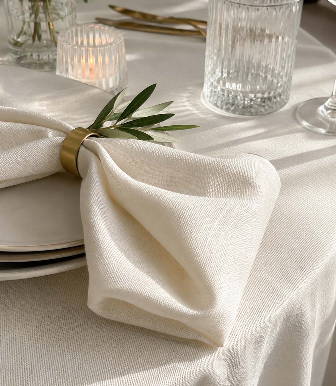 White napkin and tablecloth made from faux linen fabric
