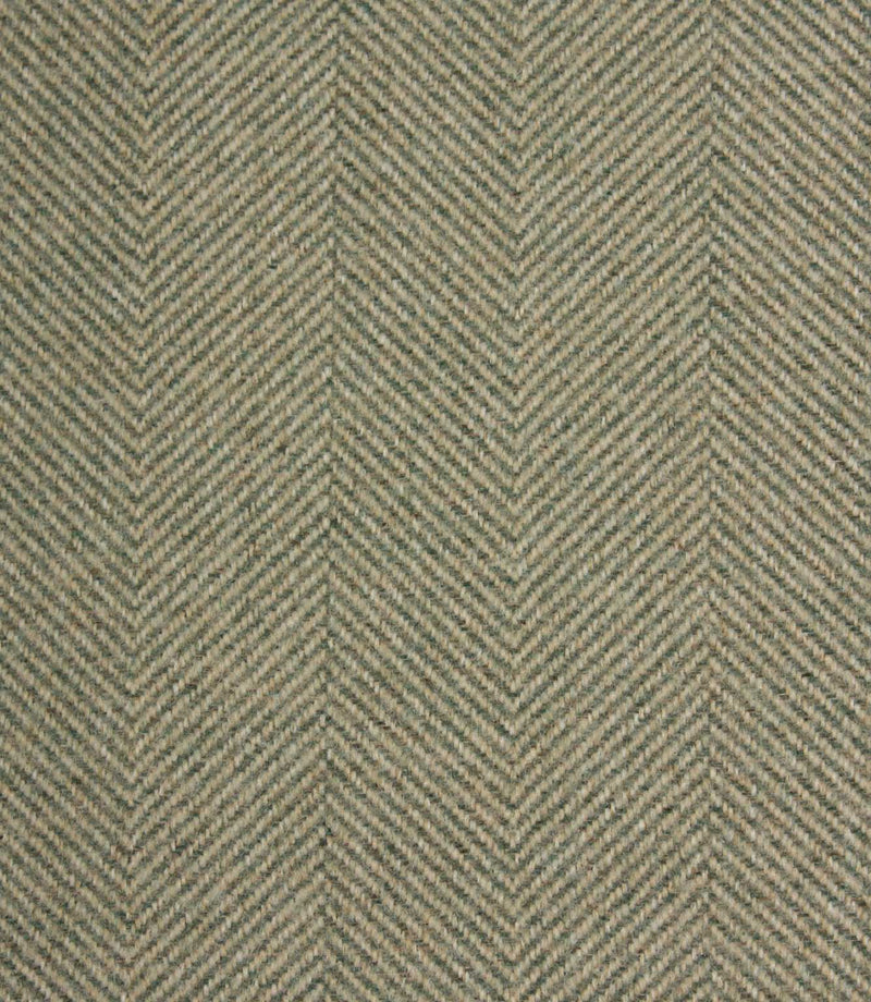 Fabric with a herringbone pattern in green and beige tones.
