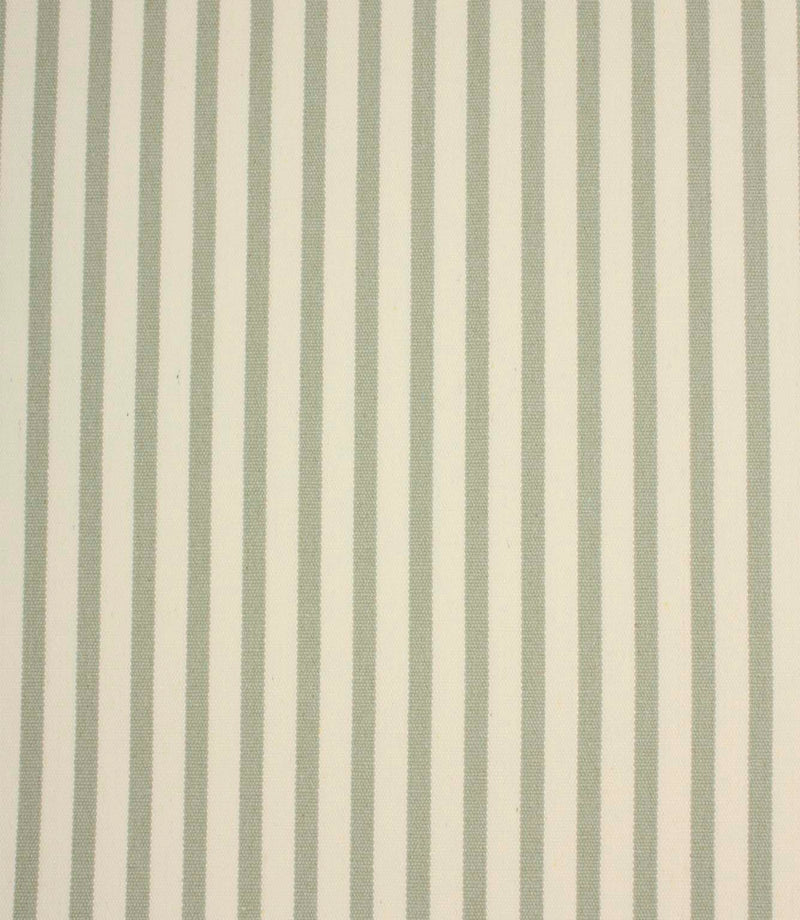 Fernley Stripe upholstery fire retardant fabric featuring soft sage green woven stripes on an ivory background in a classic vertical stripe design.