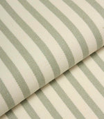 Folded Fernley Stripe upholstery fire retardant fabric highlighting the sage green vertical stripe pattern and durable woven construction.