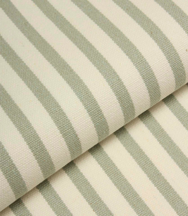 Folded Fernley Stripe upholstery fire retardant fabric highlighting the sage green vertical stripe pattern and durable woven construction.