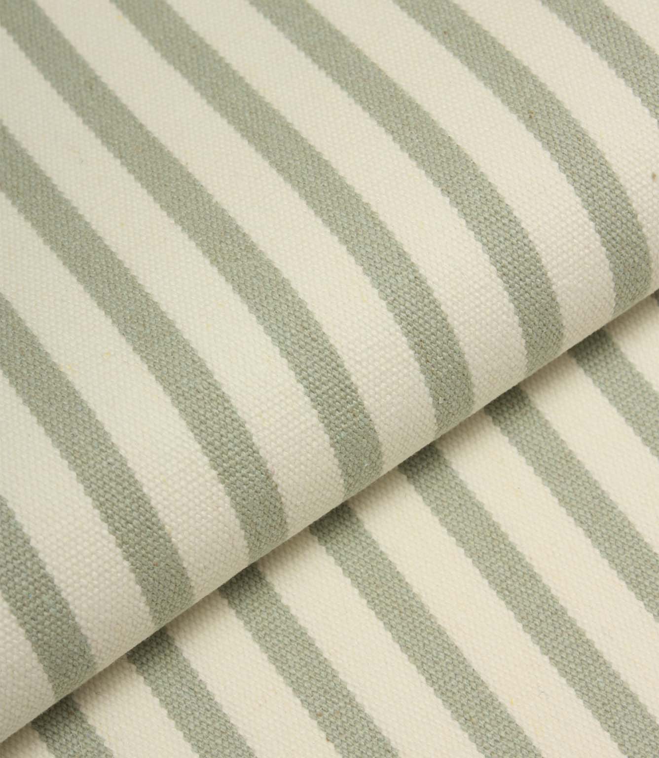 Folded Fernley Stripe upholstery fire retardant fabric highlighting the sage green vertical stripe pattern and durable woven construction.