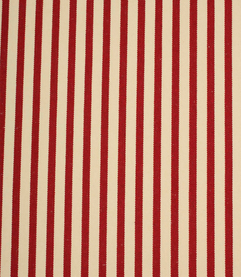 Fernley Stripe upholstery fire retardant fabric featuring rich wine red woven stripes on a warm ivory background in a timeless vertical stripe design.