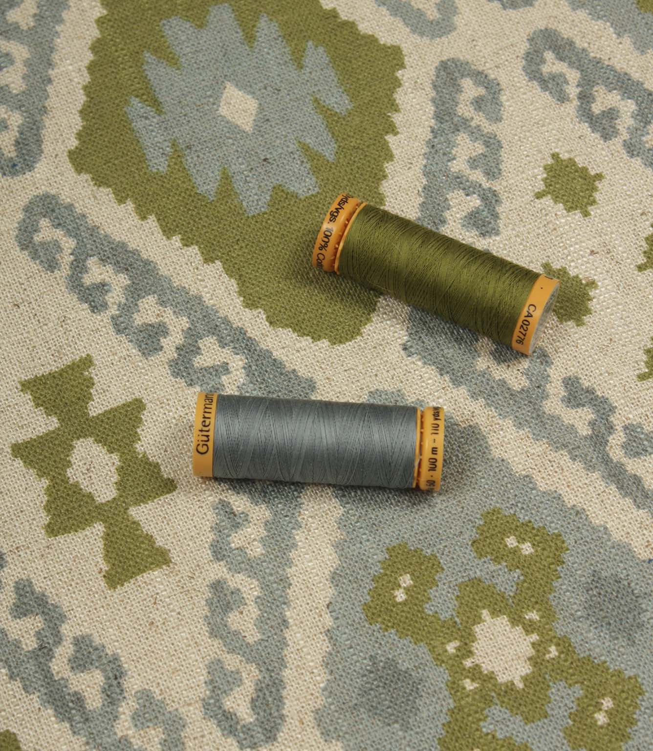 Folklore Geo Fabric / Steel Blue / Sage Green | Just Fabrics