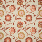 Foxmere Burnt Sienna fabric shown flat, featuring an embroidered trailing floral design on a warm natural cream ground, with stylised flowers, buds and curved leafy stems in burnt sienna, terracotta, soft blush pink and ochre tones.