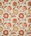 Foxmere Burnt Sienna fabric shown flat, featuring an embroidered trailing floral design on a warm natural cream ground, with stylised flowers, buds and curved leafy stems in burnt sienna, terracotta, soft blush pink and ochre tones.